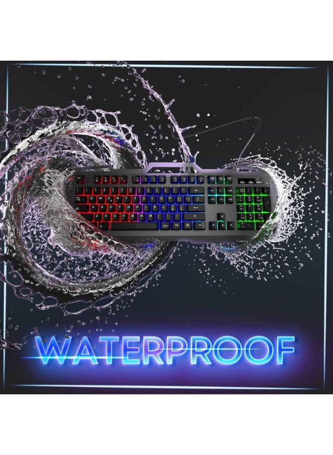 لوحة مفاتيح ألعاب سلكية غشائية - مزودة بإضاءة خلفية RGB LED، وقاعدة معدنية، ومقاومة للرذاذ بمعيار IPX4، وحامل للهاتف، و12 مفتاحًا هادئًا لوظائف الوسائط المتعددة - للكمبيوتر الشخصي، والكمبيوتر المكتبي، واللاعبين (الإنجليزية والعربية) - Image 3